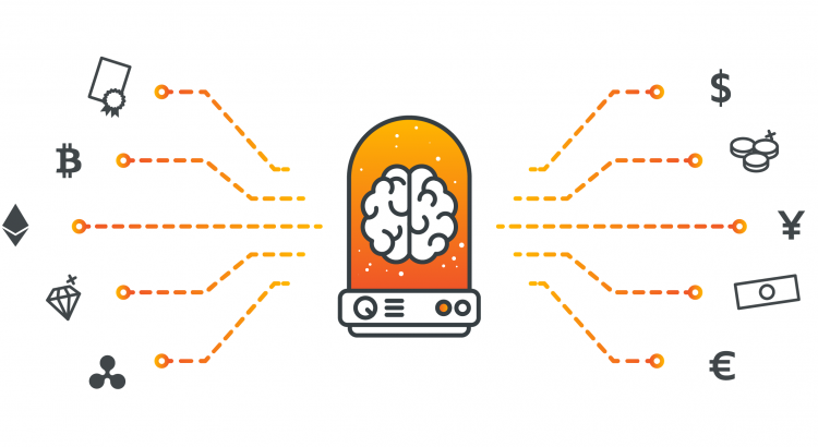 An electric brain in a jar, symbolizing artificial intelligence and robo-advisory, from which currencies and financial assets branch off