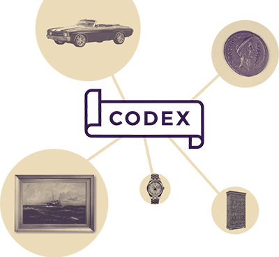 Logo of the Codex blockchain protocol, with lines connecting it to different types of art and artisan craftwork