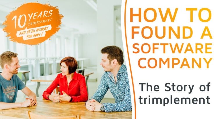 The trimplement co-founders Thijs Reus, Natallia Martchouk und Matthias Gall sitting together and discussing the foundation of their software company trimplement