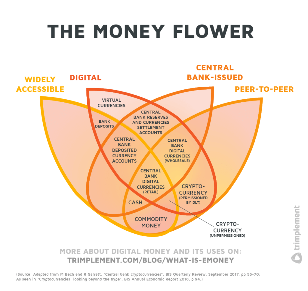 A diagram resembling a flower, placing certain types of money under 1 of 4 overlapping categories. A detailed description can be found in the section below. Clicking on it will lead to a high-res version of the diagram for download.