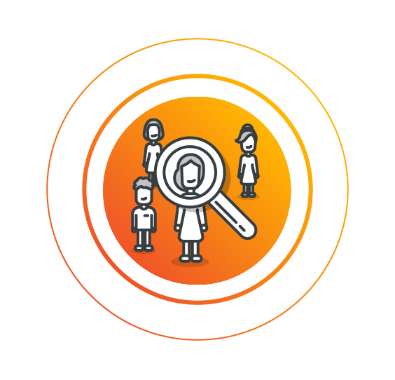 An icon showing people looked at through a magnifying glass, representing the higher number of potential job candidates, software companies working remotely can choose from
