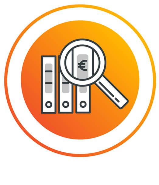 A magnifying glass over folders, representing payment data analytics