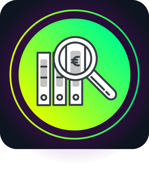 A magnifying glass over folders, representing payment data analytics